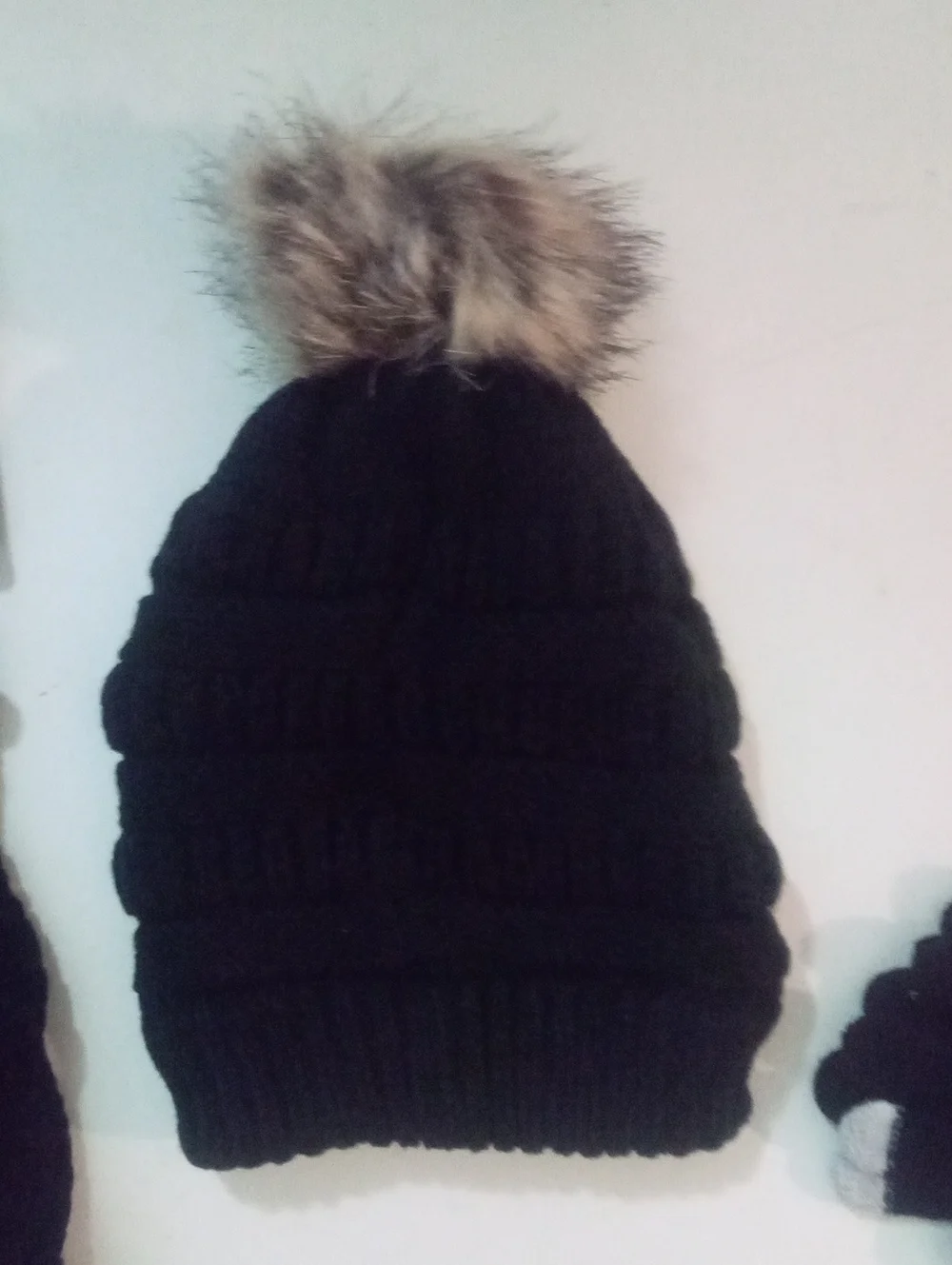 5 Piece Black Knit Winter Set  Faux Fur Beanie 2 Pr Socks Gloves Neck Warmer